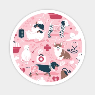 Veterinary medicine, happy and healthy friends // pattern // pastel pink background red details navy blue white and brown cats dogs and other animals Magnet